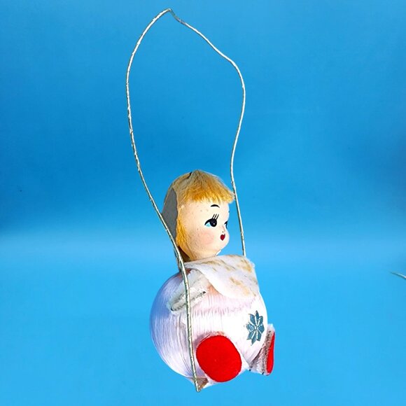 Vintage 1960s Satin Ball Angel Ornament Foil Wings Spun Cotton Composite Face v4 - Picture 4 of 8